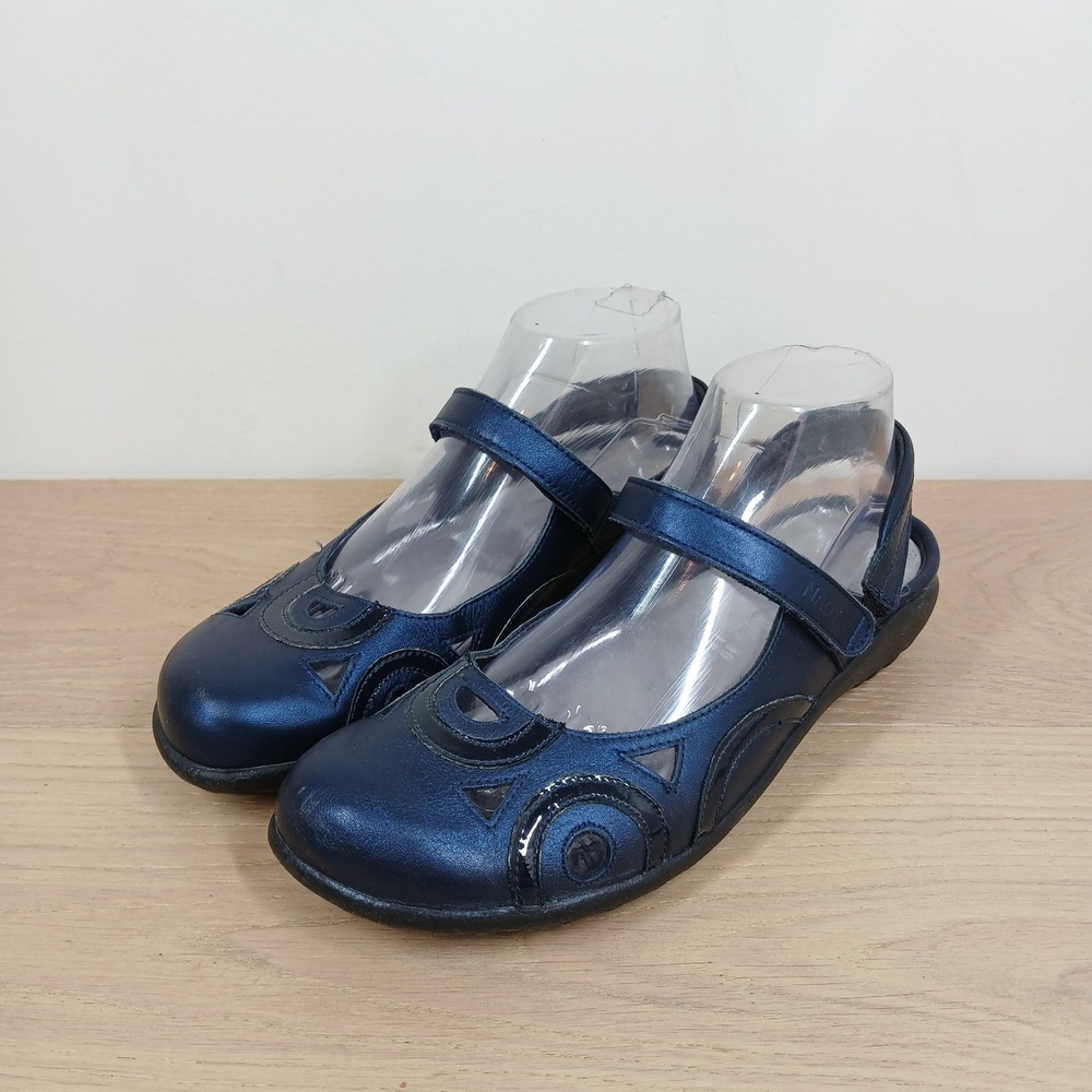 Naot Mary Jane Shoes Womens 40 Blue Leather Metallic Cutout Hook Loop Strap